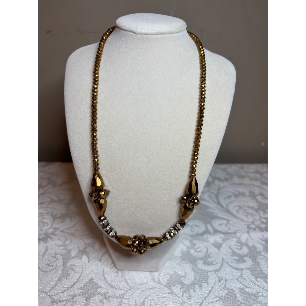 Bronze Beaded Statement Necklace Rhinestone Accents Adjustable Clasp 23" Y2K